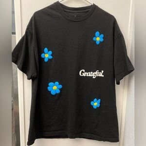 Grateful Brand Black T-Shirt with Blue Flower Accents